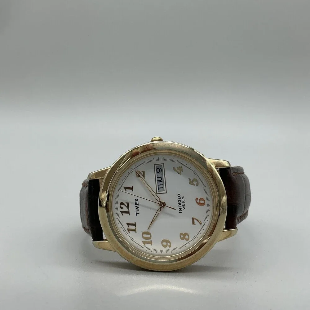 Vintage Timex Indiglo Mens Watch 37mm White Dial Brown Leather Quartz Day Date